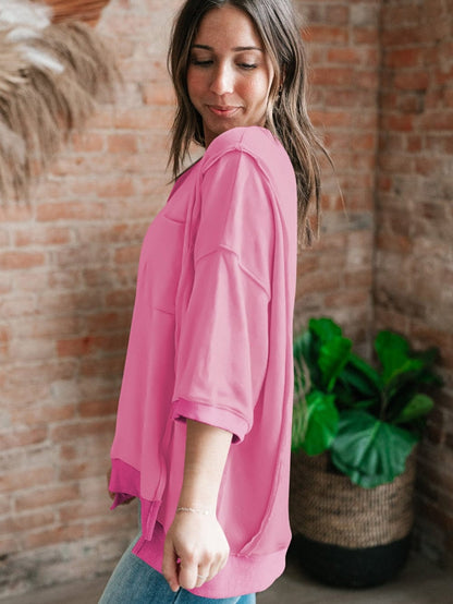 Exposed Seam Pink Split Loose T-Shirt with Chest Pocket