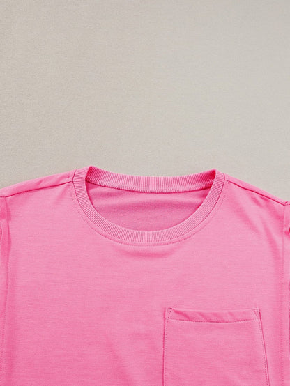 Exposed Seam Pink Split Loose T-Shirt with Chest Pocket