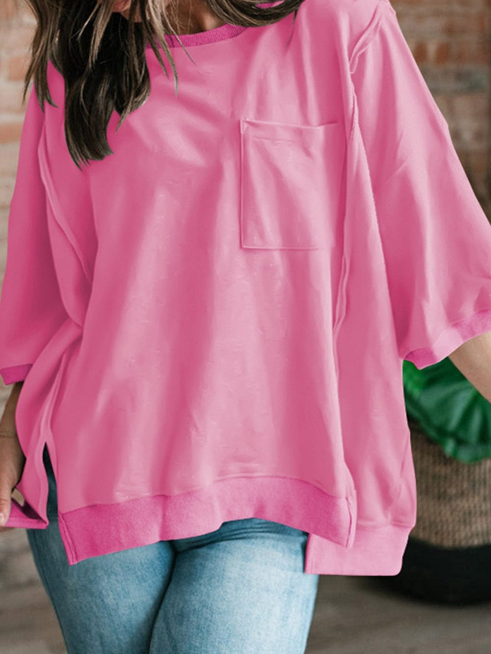 Exposed Seam Pink Split Loose T-Shirt with Chest Pocket