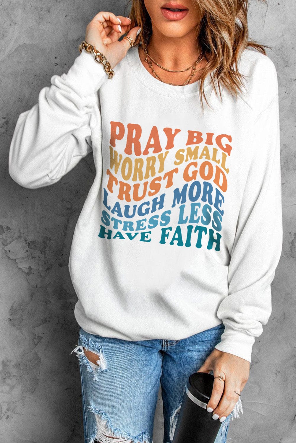 Expressive Beige Letter Graphic Print Pullover Sweatshirt