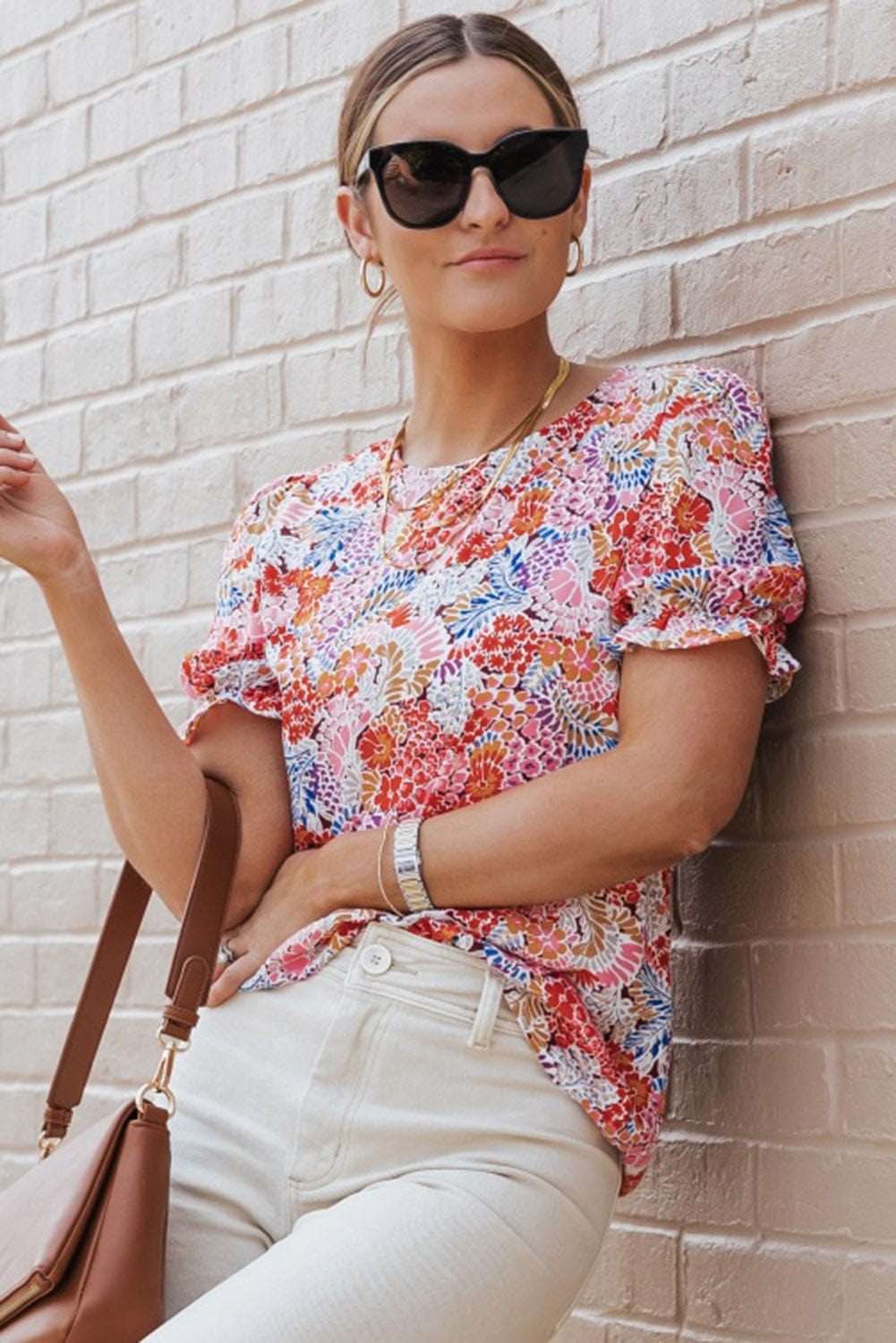 Exquisite Floral Print Bubble Sleeve Top