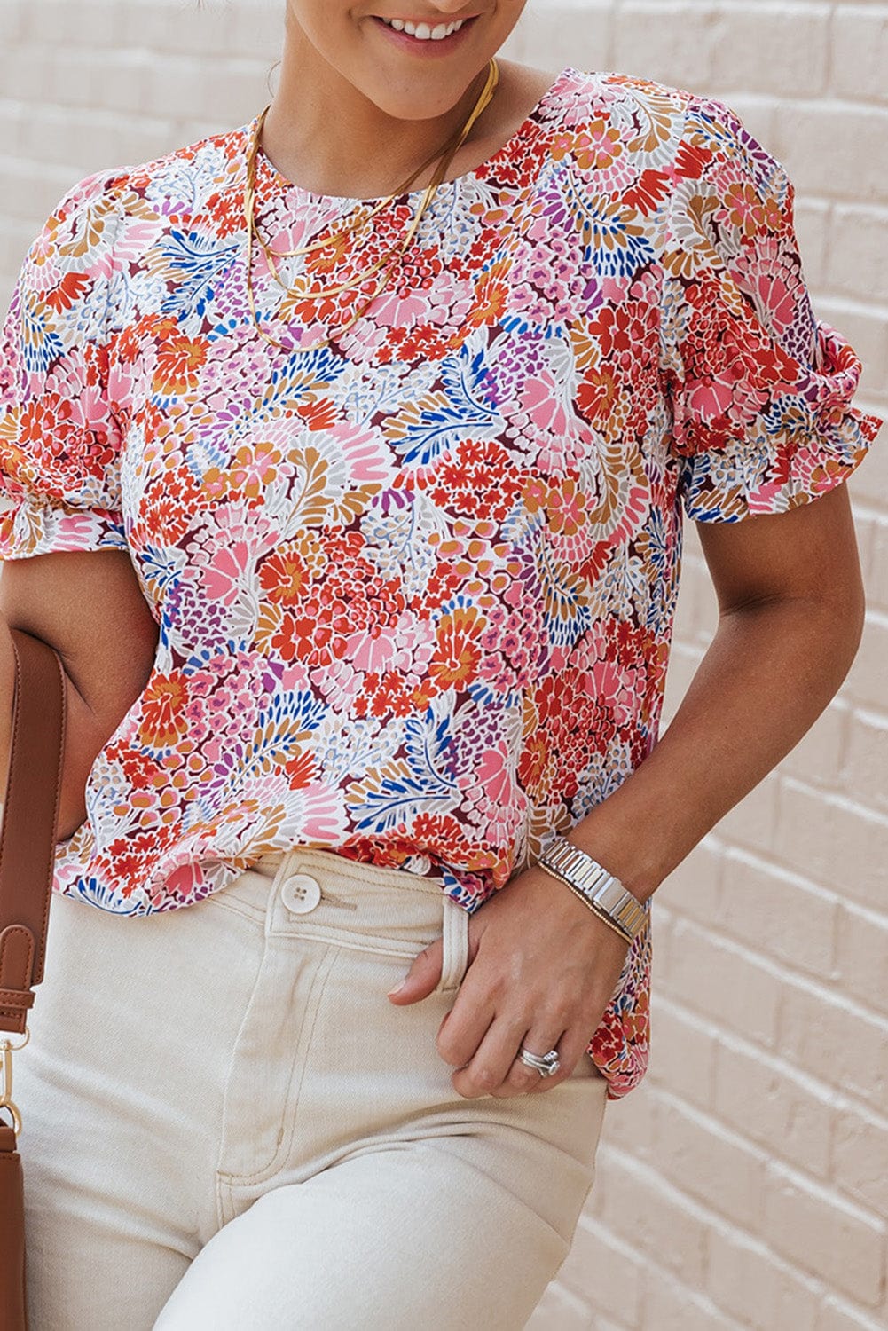 Exquisite Floral Print Bubble Sleeve Top