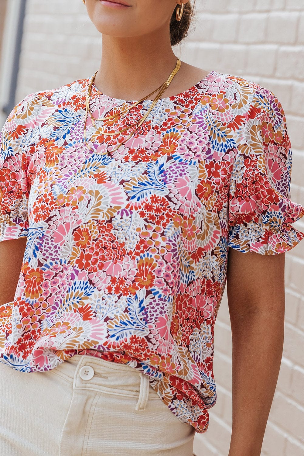 Exquisite Floral Print Bubble Sleeve Top
