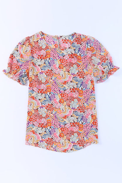 Exquisite Floral Print Bubble Sleeve Top