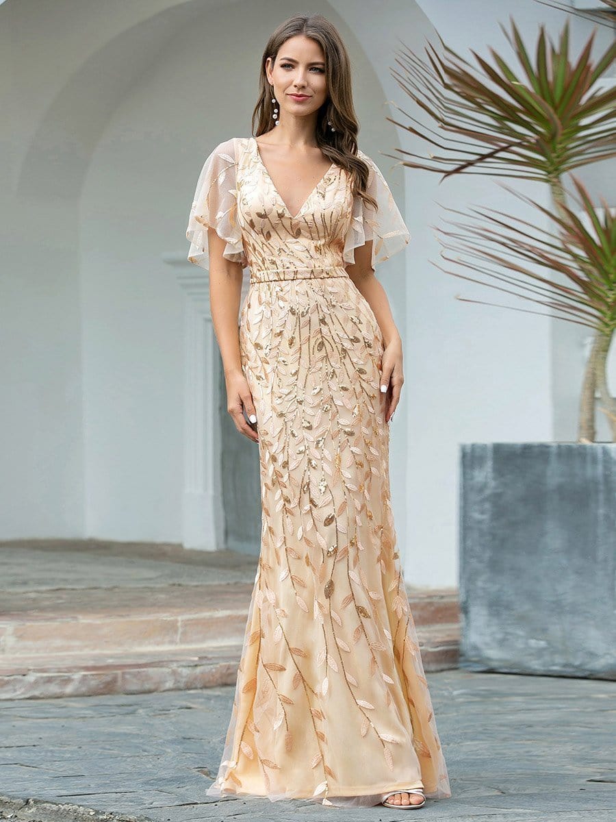 Exquisite Leaf-Sequined V Neck Fishtail Evening Gown
