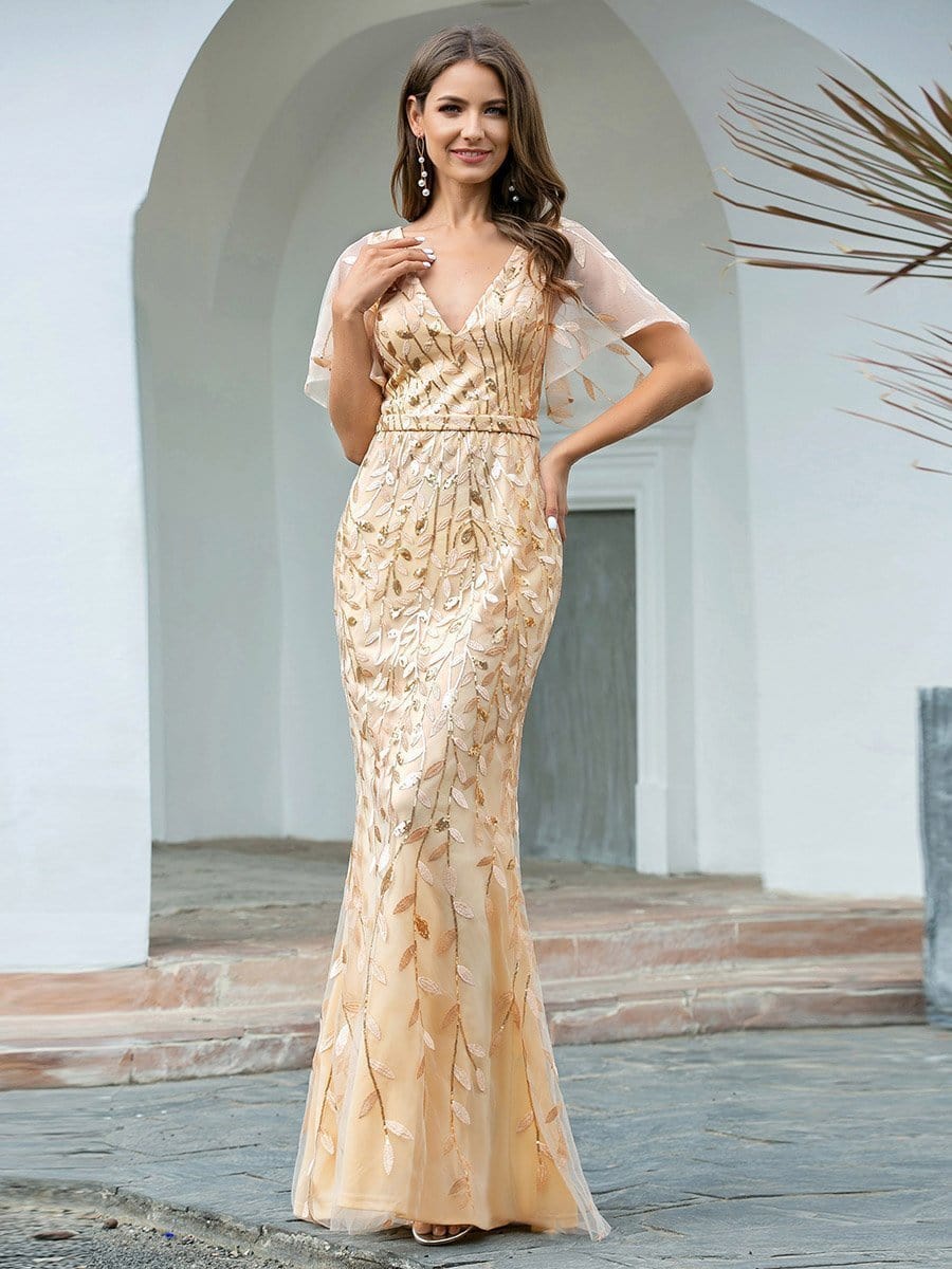 Exquisite Leaf-Sequined V Neck Fishtail Evening Gown