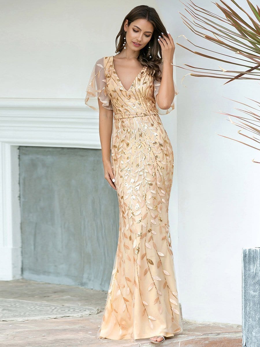 Exquisite Leaf-Sequined V Neck Fishtail Evening Gown