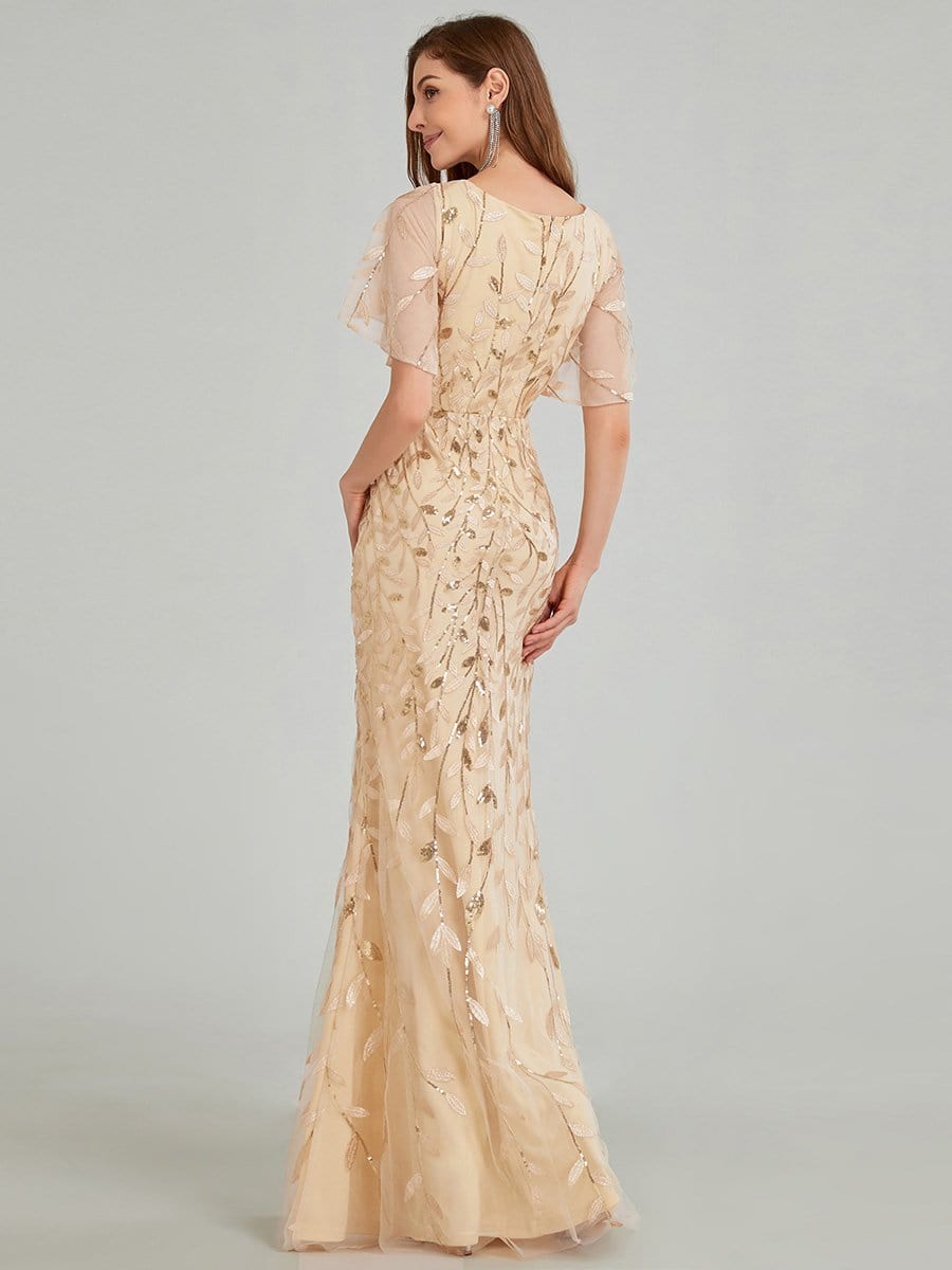 Exquisite Leaf-Sequined V Neck Fishtail Evening Gown