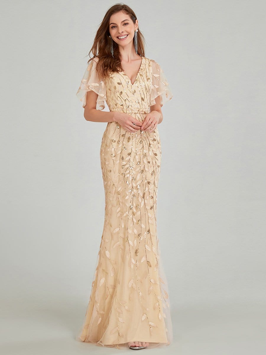Exquisite Leaf-Sequined V Neck Fishtail Evening Gown