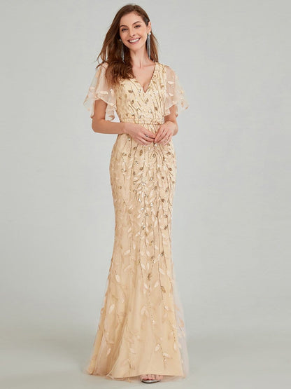 Exquisite Leaf-Sequined V Neck Fishtail Evening Gown