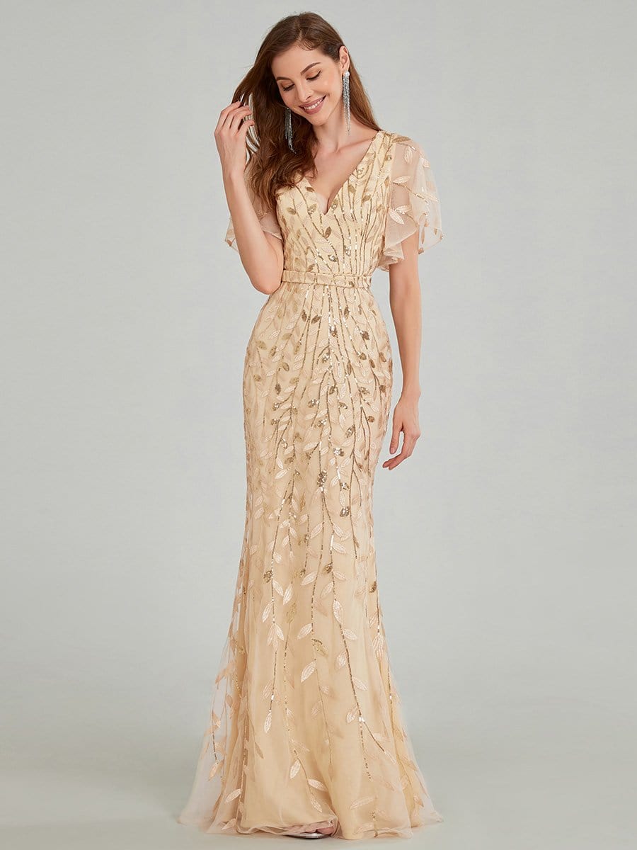 Exquisite Leaf-Sequined V Neck Fishtail Evening Gown