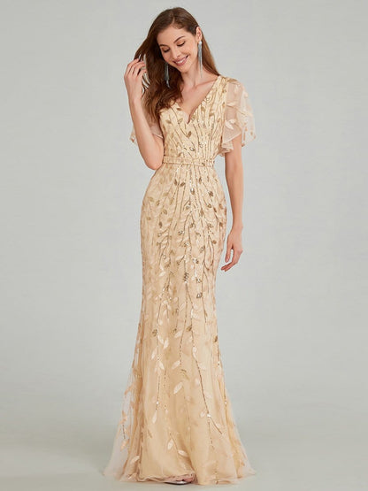 Exquisite Leaf-Sequined V Neck Fishtail Evening Gown
