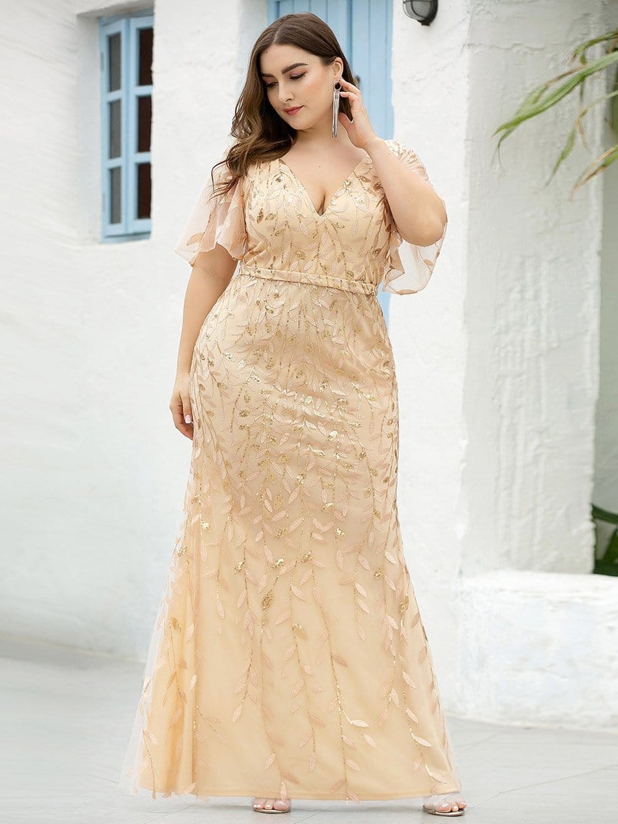 Exquisite Leaf-Sequined V Neck Fishtail Evening Gown