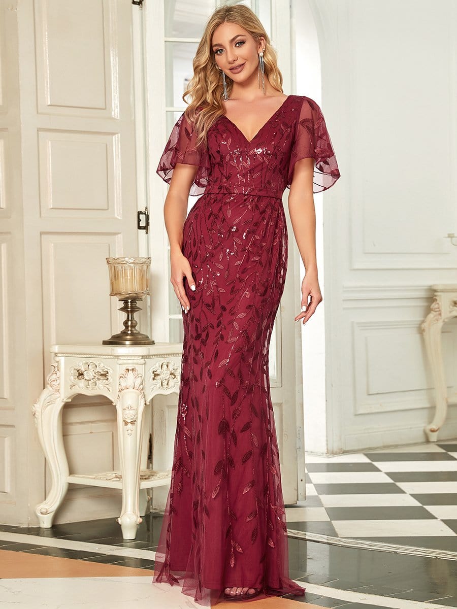 Exquisite Leaf-Sequined V Neck Fishtail Evening Gown