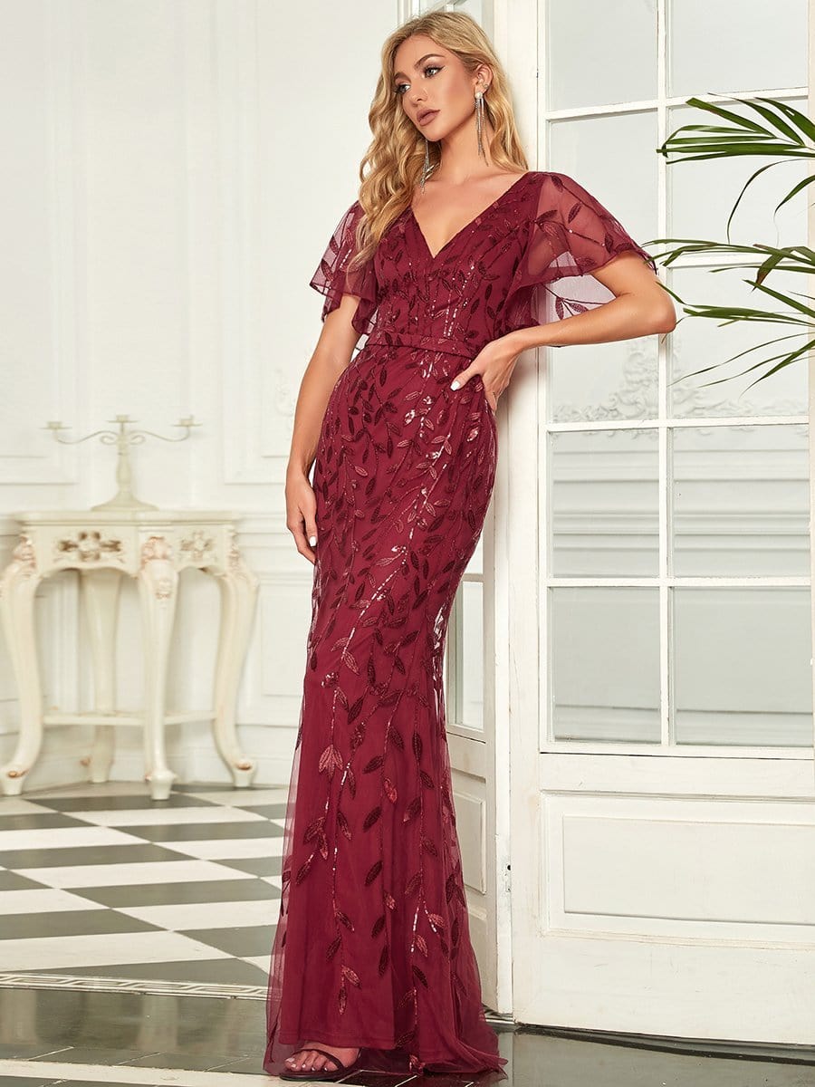 Exquisite Leaf-Sequined V Neck Fishtail Evening Gown