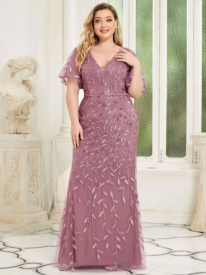 Exquisite Leaf-Sequined V Neck Fishtail Evening Gown