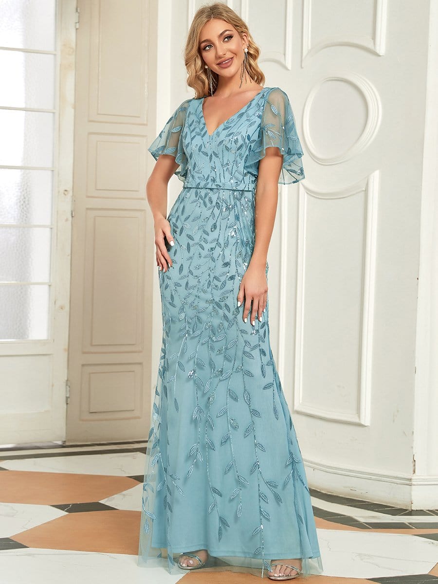 Exquisite Leaf-Sequined V Neck Fishtail Evening Gown
