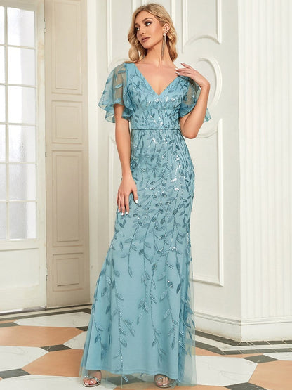 Exquisite Leaf-Sequined V Neck Fishtail Evening Gown