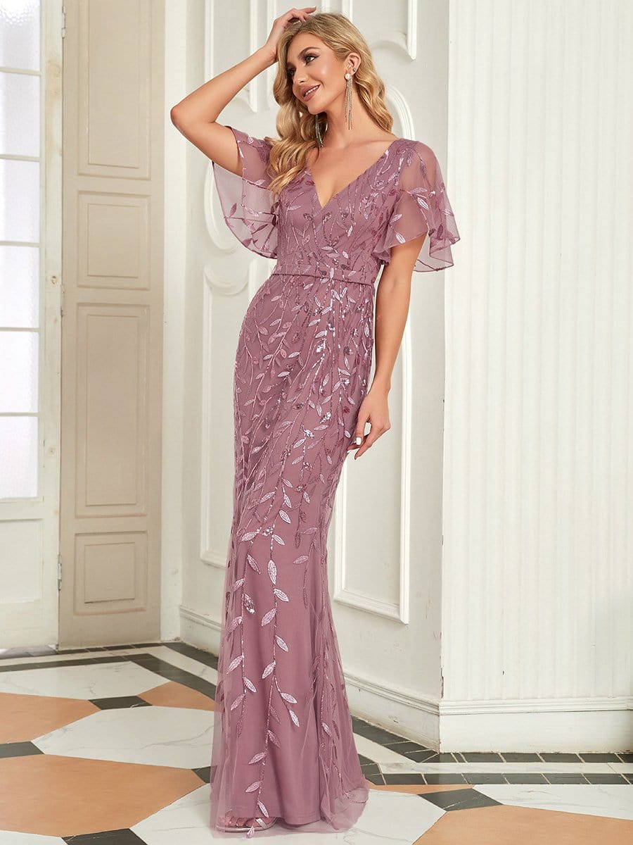 Exquisite Leaf-Sequined V Neck Fishtail Evening Gown