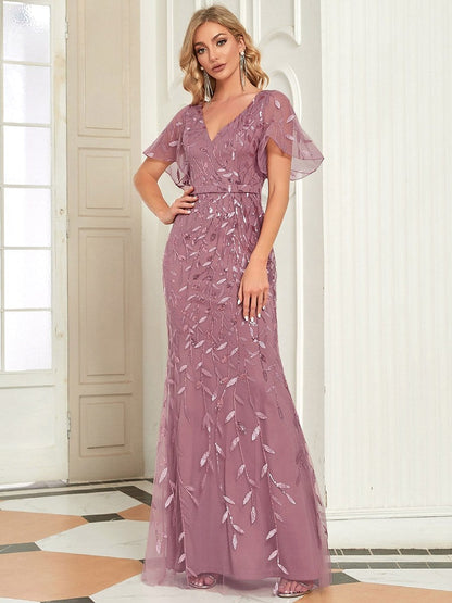 Exquisite Leaf-Sequined V Neck Fishtail Evening Gown