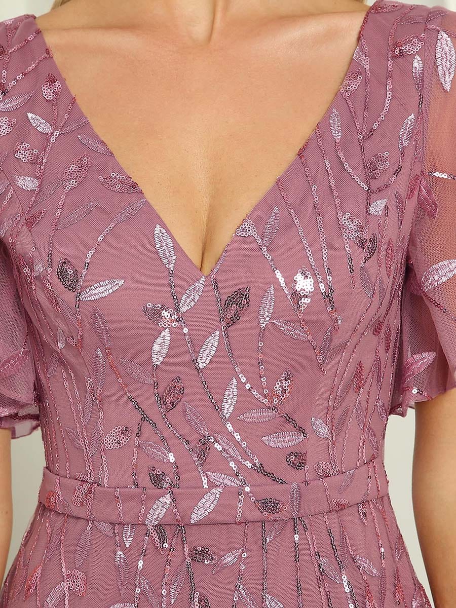 Exquisite Leaf-Sequined V Neck Fishtail Evening Gown