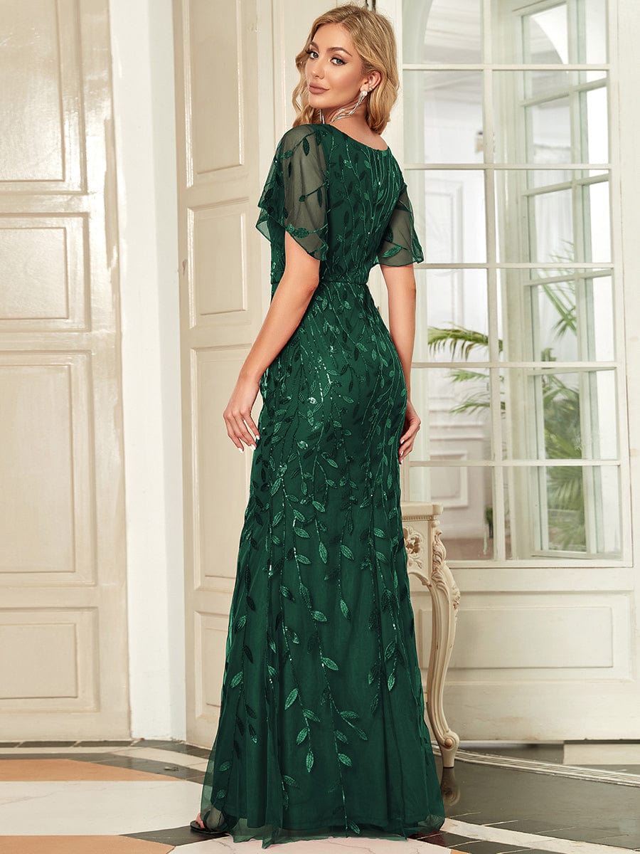 Exquisite Leaf-Sequined V Neck Fishtail Evening Gown