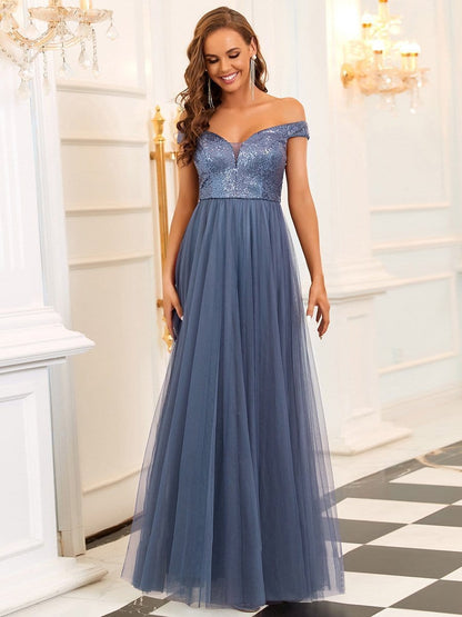 Exquisite Sequin Embellished Tulle Evening Gown with High Waist