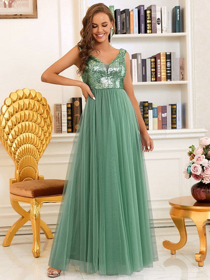 Exquisite Sequin Embellished Tulle Evening Gown with High Waist