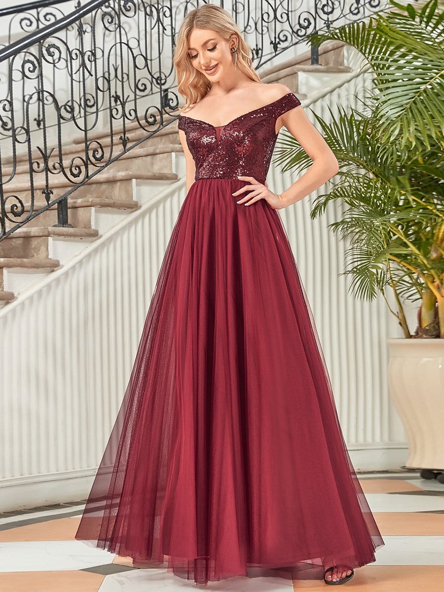 Exquisite Sequin Embellished Tulle Evening Gown with High Waist