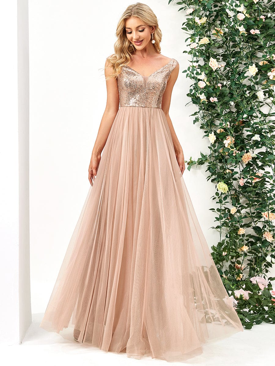 Exquisite Sequin Embellished Tulle Evening Gown with High Waist