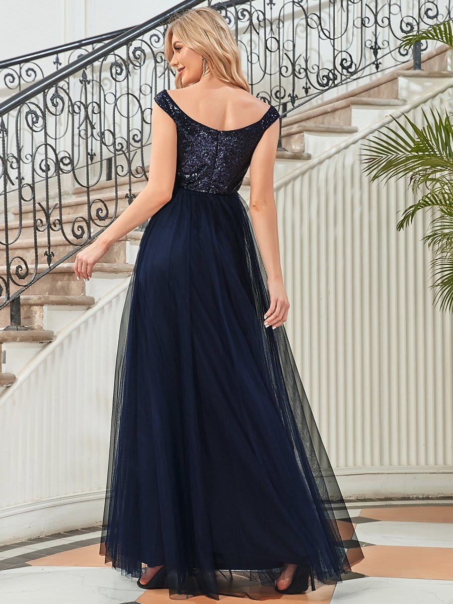 Exquisite Sequin Embellished Tulle Evening Gown with High Waist