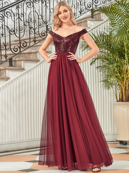 Exquisite Sequin Embellished Tulle Evening Gown with High Waist