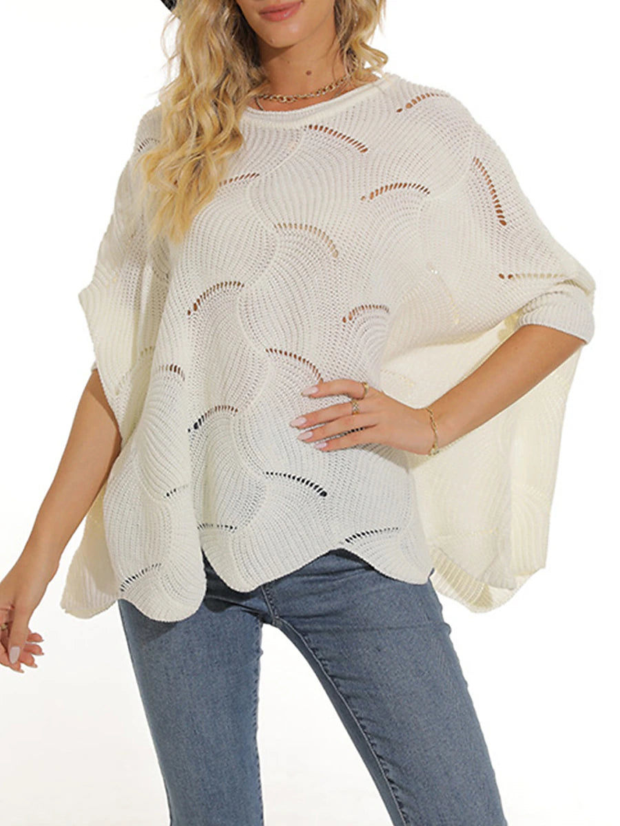 Women's Pullover Sweater Jumper Crew Neck Ribbed Knit Acrylic Hole Summer Spring Daily Going out Weekend Stylish Casual Soft 3/4 Length Sleeve Solid Color Black White Yellow S M L