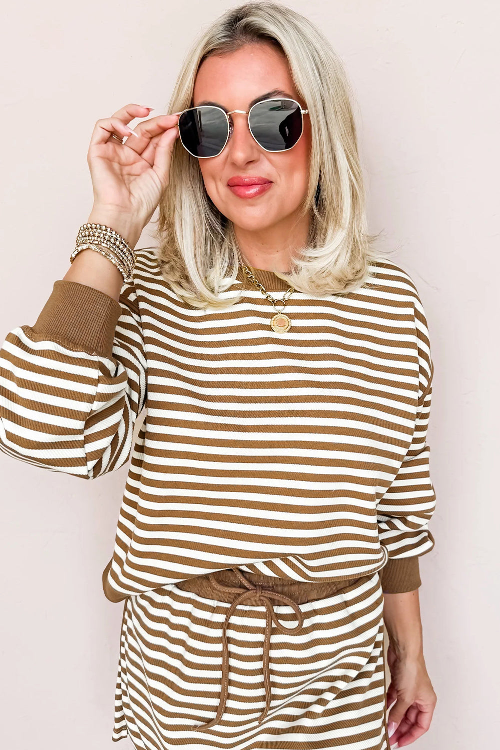 Brown Stripe Textured Drop Shoulder Pullover Top Drawstring Mini Skirt Two Piece Dress Set