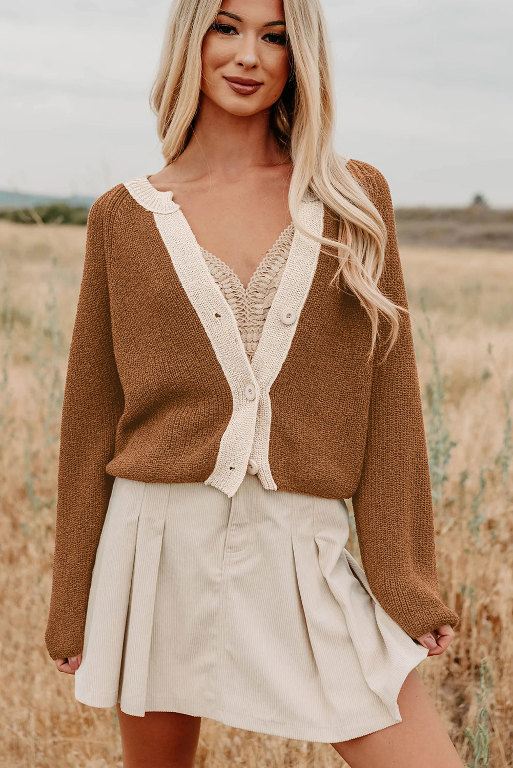 Chestnut Contrast Knit V Neckline Short Cardigan