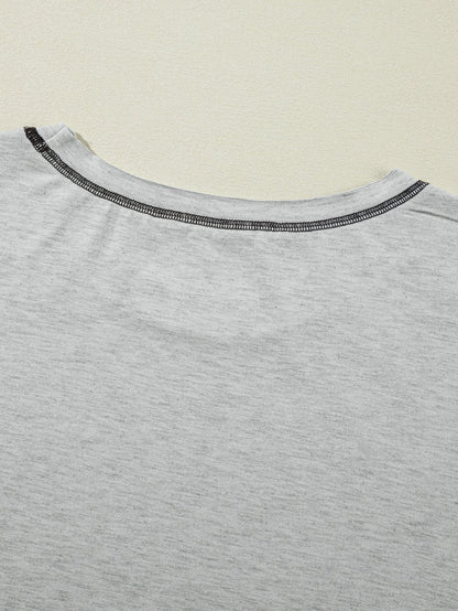 Gray Contrast Stitching Cuffed Sleeve Plus Shorts Set