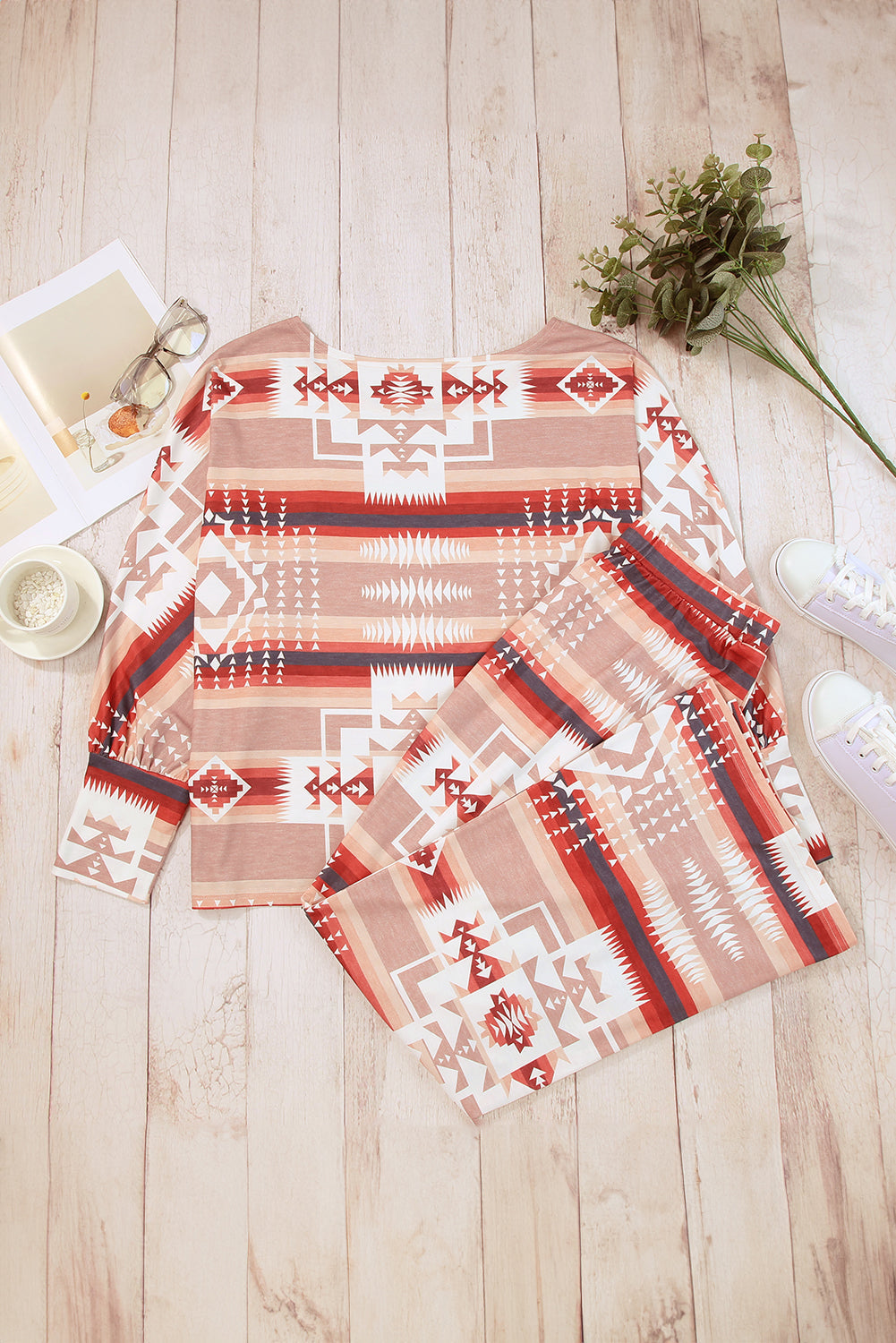 Aztec Bliss Multicolour Lounge Set with Puff Sleeves and Wide Leg Pants