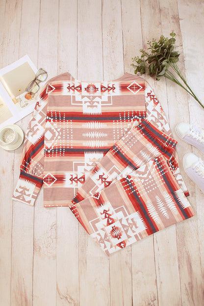 Aztec Bliss Multicolour Lounge Set with Puff Sleeves and Wide Leg Pants