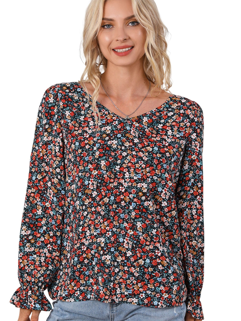 Flame Red Lace Patch V-Neck Tie-Up Puff Sleeve Floral Top