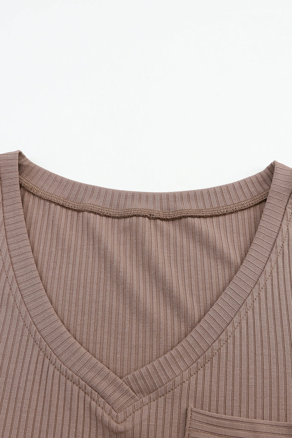 Khaki Ribbed V Neck Top with Chest Pocket