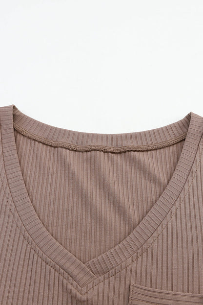 Khaki Ribbed V Neck Top with Chest Pocket