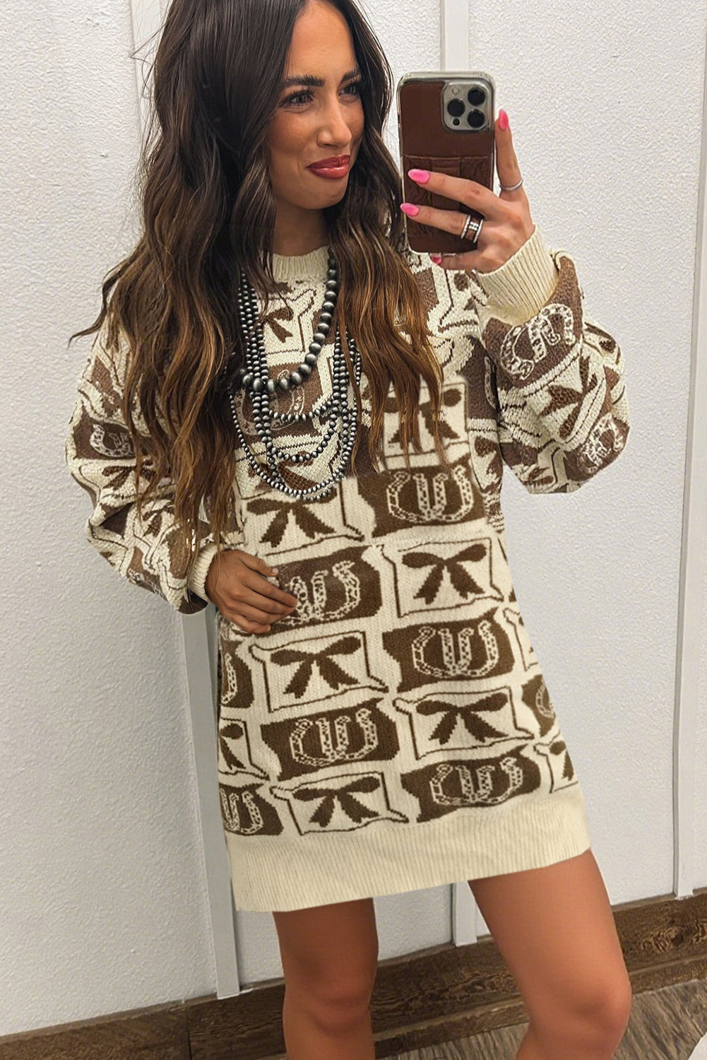 Brown Horse Shoes Bow Print Western Mini Sweater Dress