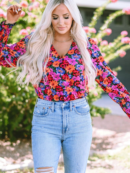 Elegant Floral Wrap V Neck Long Sleeve Body Suit