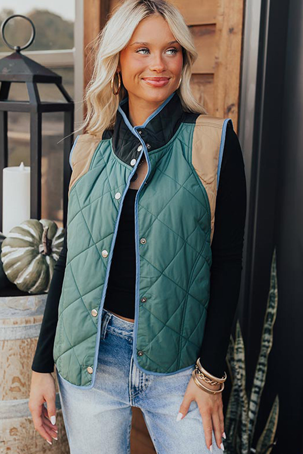 Evergreen Color Contrast High Neck Snap Button Quilted Vest