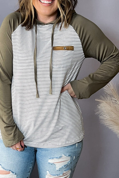 Green Striped Plus Size Hoodie with Raglan Sleeves and Buttoned Pocket