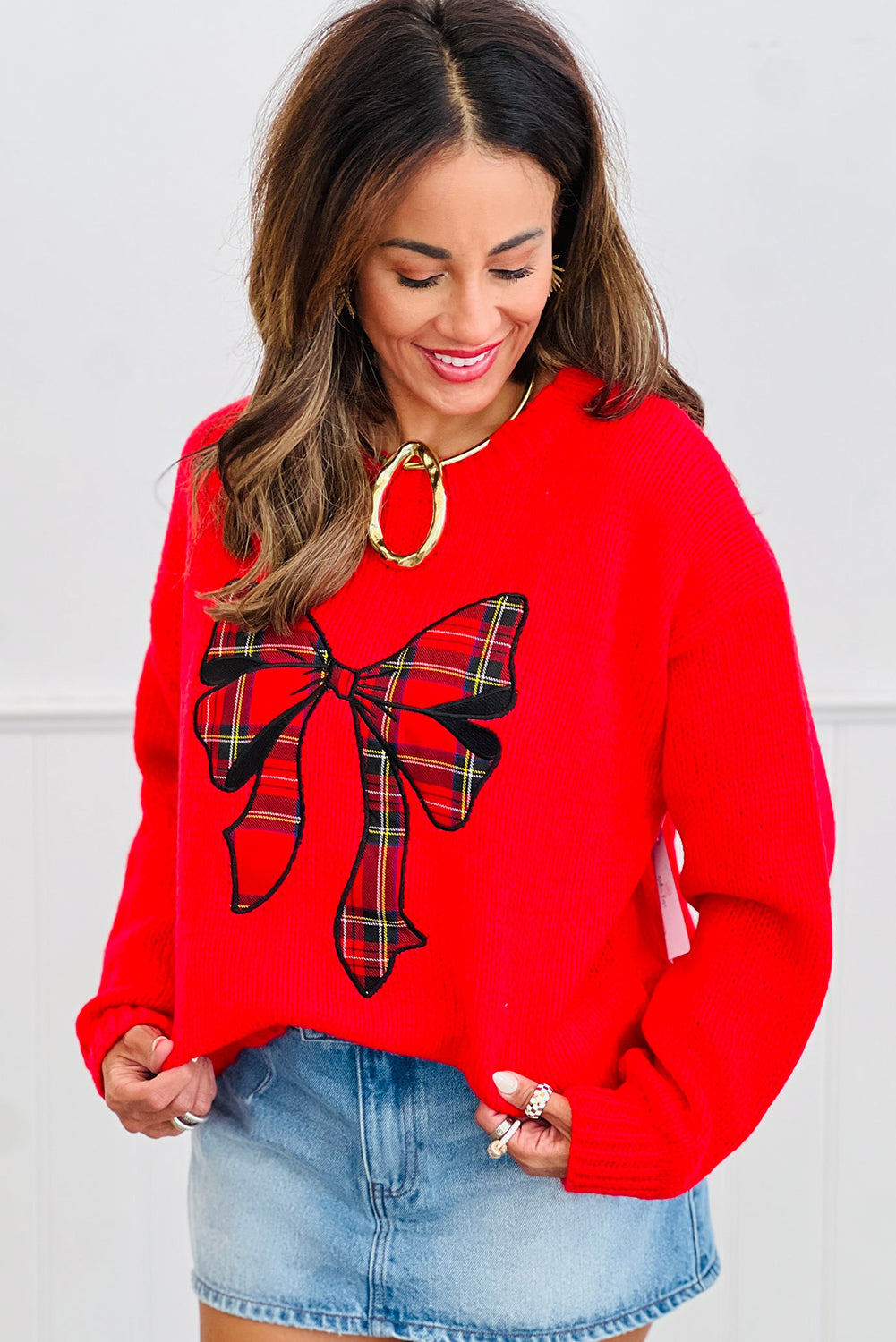 Fiery Red Festive Plaid Bow Graphic Drop Shoulder Loose Sweater