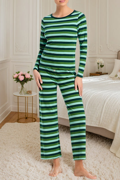 Green Stripe Contrast Trim Long Sleeve Top Loose Pants 2pcs Pajama Set