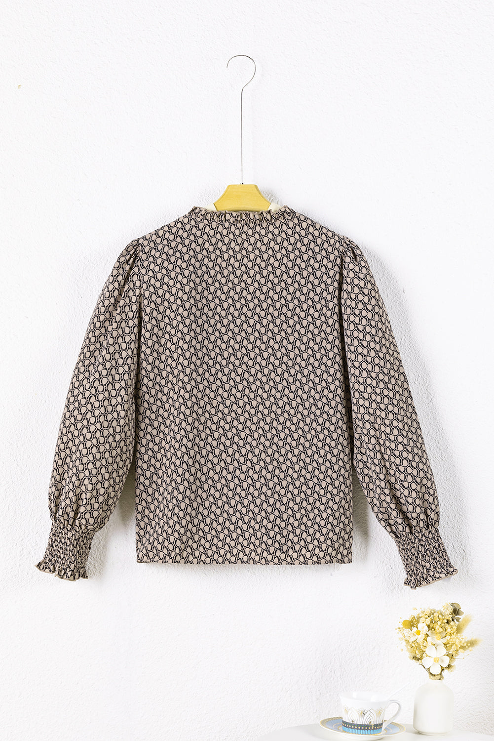 Frenchy Frill V-Neck Printed Shift Blouse in Light Beige