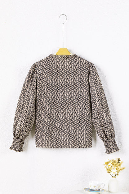 Frenchy Frill V-Neck Printed Shift Blouse in Light Beige