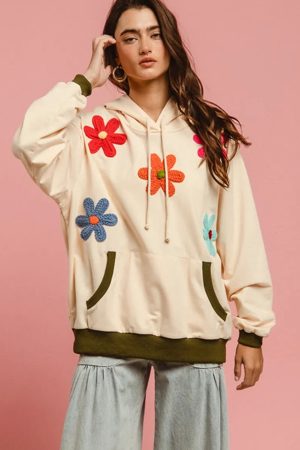 Beige Flower Patched Contrast Trim Pullover Hoodie